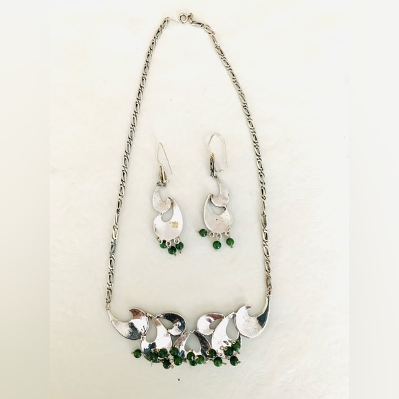 Real silver 3 Pc jewelry set choker necklace ear rings green semiprecious stones - Picture 7 of 13